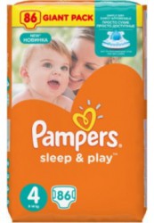Подгузники 86 шт. Pampers Слип энд Плэй макси 8-14 кг р. 4